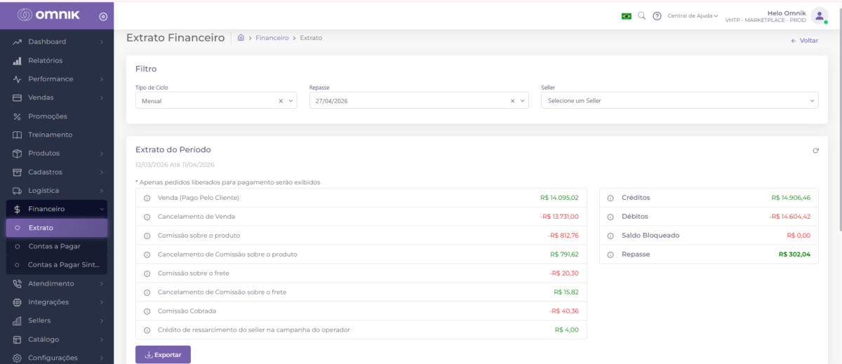Visões disponíveis no módulo financeiro 